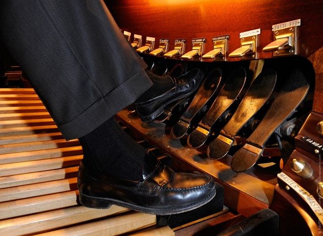 An organist has a third hand, represented by both feet.
This third hand, using the proper footwear, is capable of playing 4 and 5 note spread chords if necessary, all by itself [See blog, Balance in Organ Playing, Part I].
Intervals of thirds and fourths can be sounded by the same foot by wearing a shoe that's built up at the heel [See blog, Shoes, Part I, II] and simply stepping across, turning the ankle outward, and missing the middle note in the arch of the sole.
By drawing the appropriate pedal stops, these spread chords can then be made to supply any pitch and fit anywhere in the harmony, even above the melody, if desired (a raised shoe heel makes pedaling more deft in general because it permits more rapid execution of scalar passages, heel to toe, where there's less foot movement from the ankle down).
All of this is extremely important to good practice [See blog, The Ten Commandments Of Organ Practice].
No other musical instrument in the world works like this.
